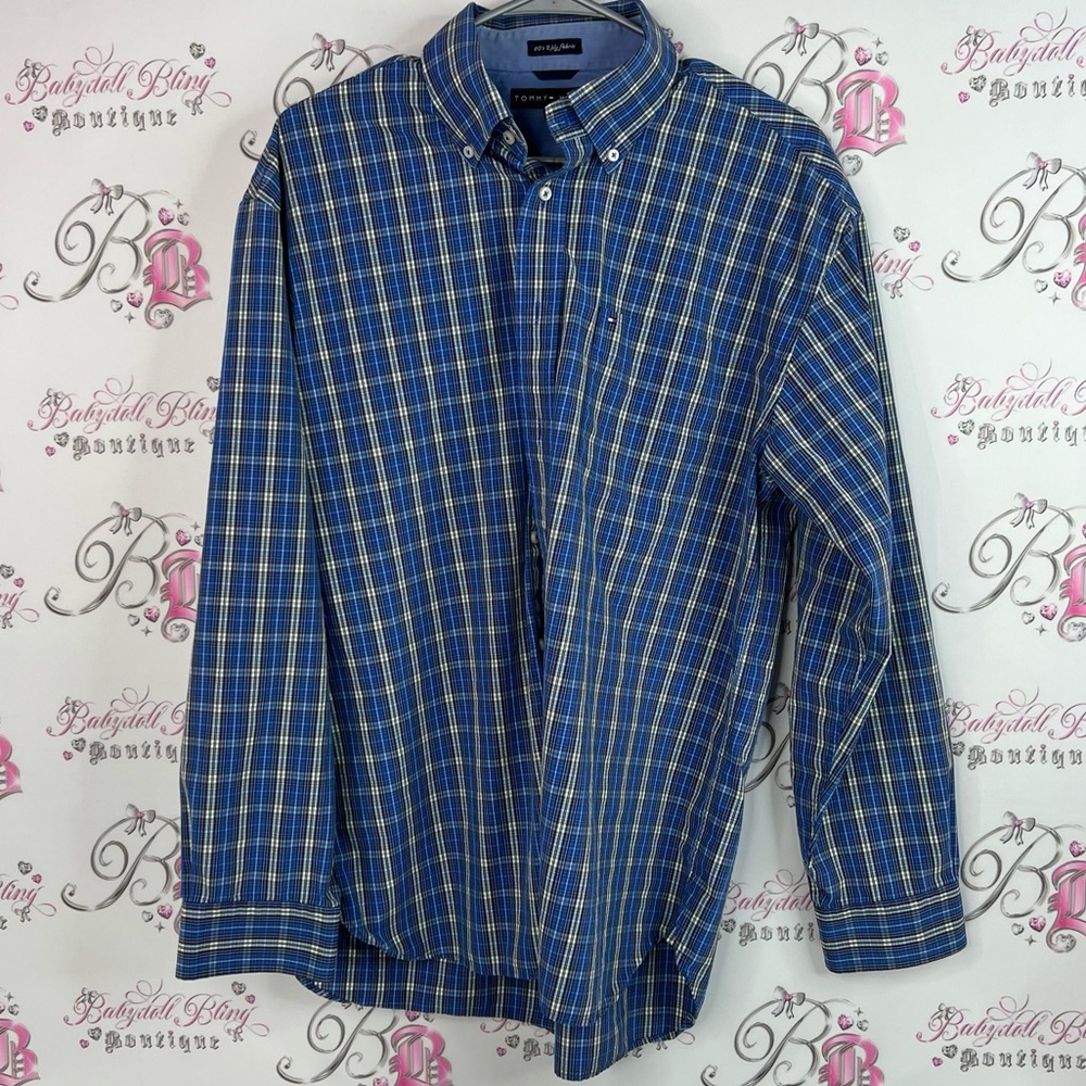 Tommy Hilfiger button up 80s 2 ply fabric Blue and Yellow Checkered Shirt